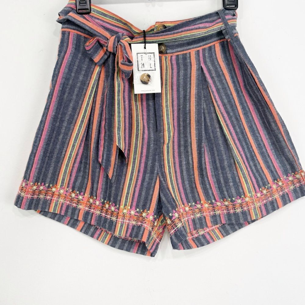 THML Blue Pink Orange Stripe Embroidered
Hem Tie Waist Cotton Blend Shorts NEW
